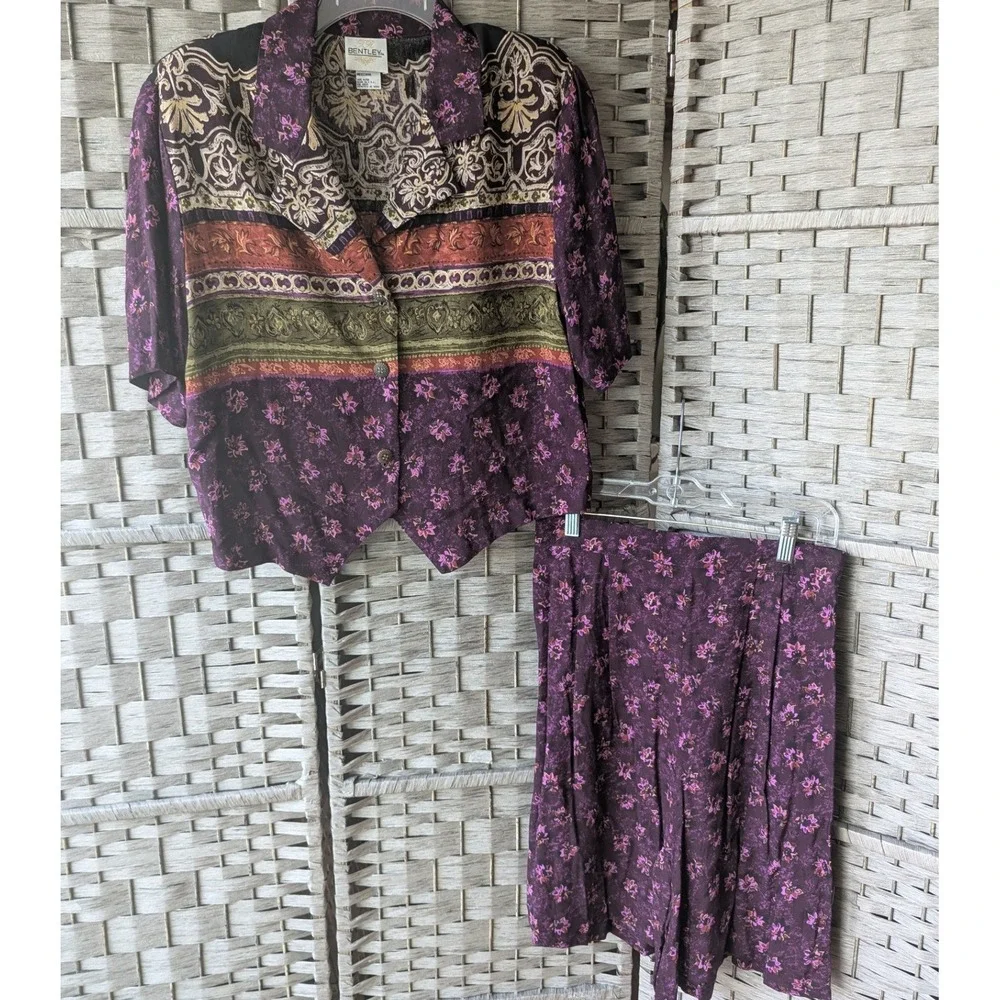 Vtg 90s 2 Pc Set Shorts Purple Floral‎ Rayon Button Up Short Sleeve Top Artsy MD